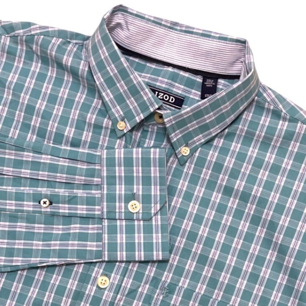 Izod Mens LT Adriatic Blue Plaid Long Sleeve Button Down Shirt Performance